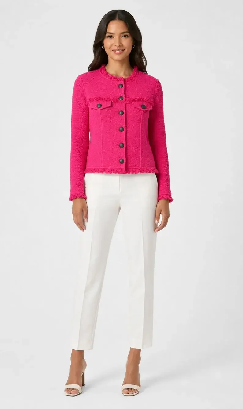Nic+Zoe Cropped Knit Fringe Jacket Wild Pink Button Front Womens Size XS New